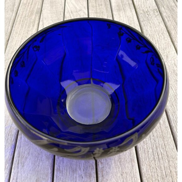Cobalt Blue Art Glass Bowl Vase w Lily of the Valley Sterling Overlay 1950s 7” - Picture 3 of 10
